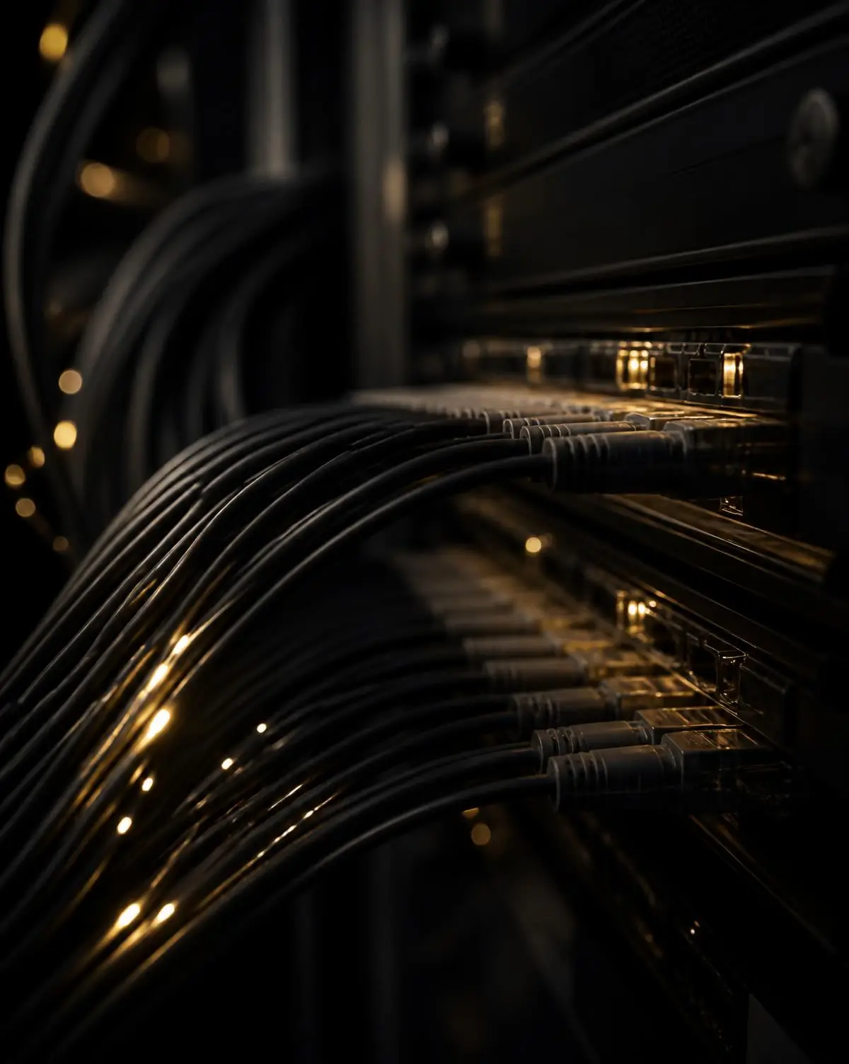 Fibre optic cabling and networking equipment lit by warm gold light