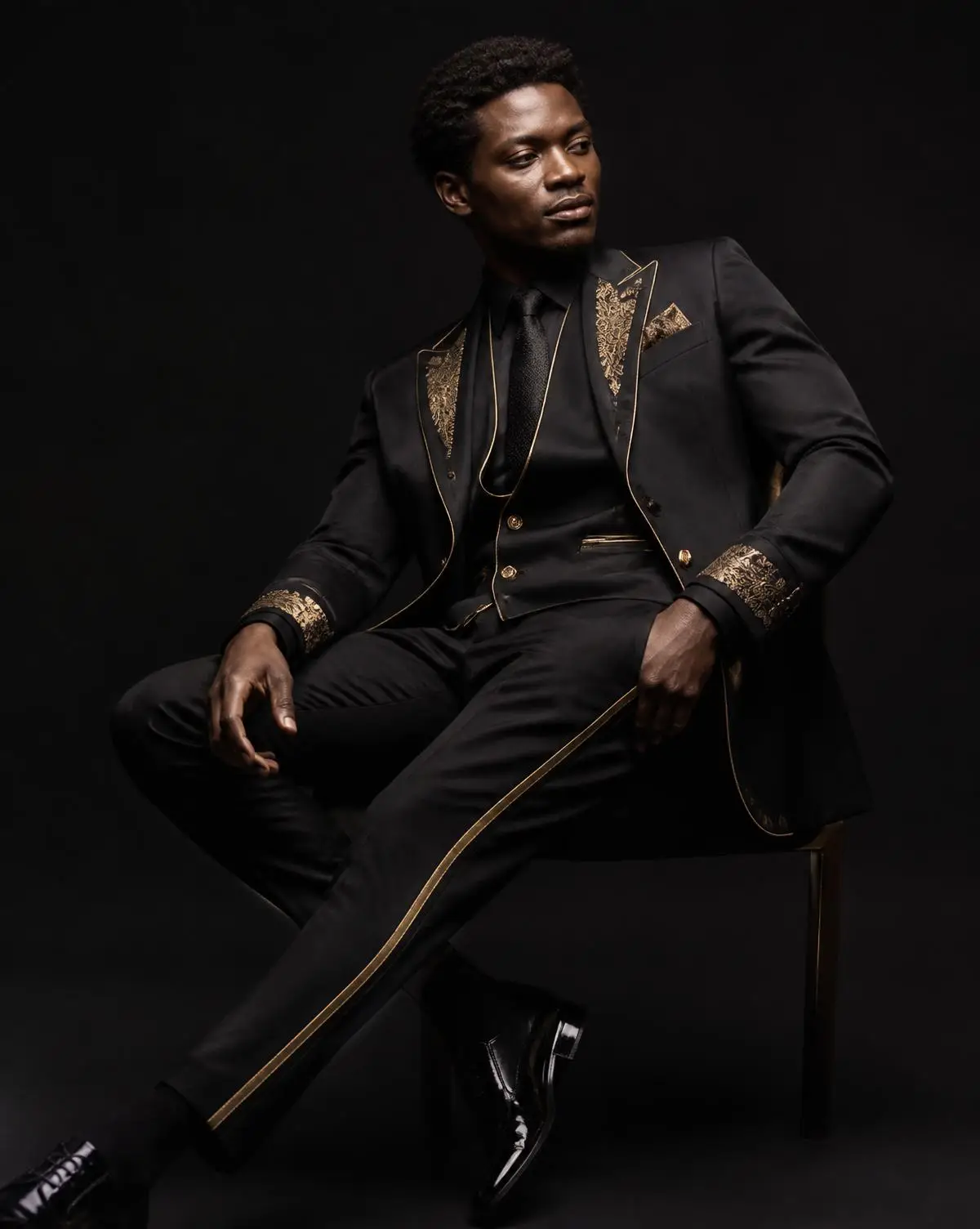 Man seated in a tailored black suit with gold embroidery detail